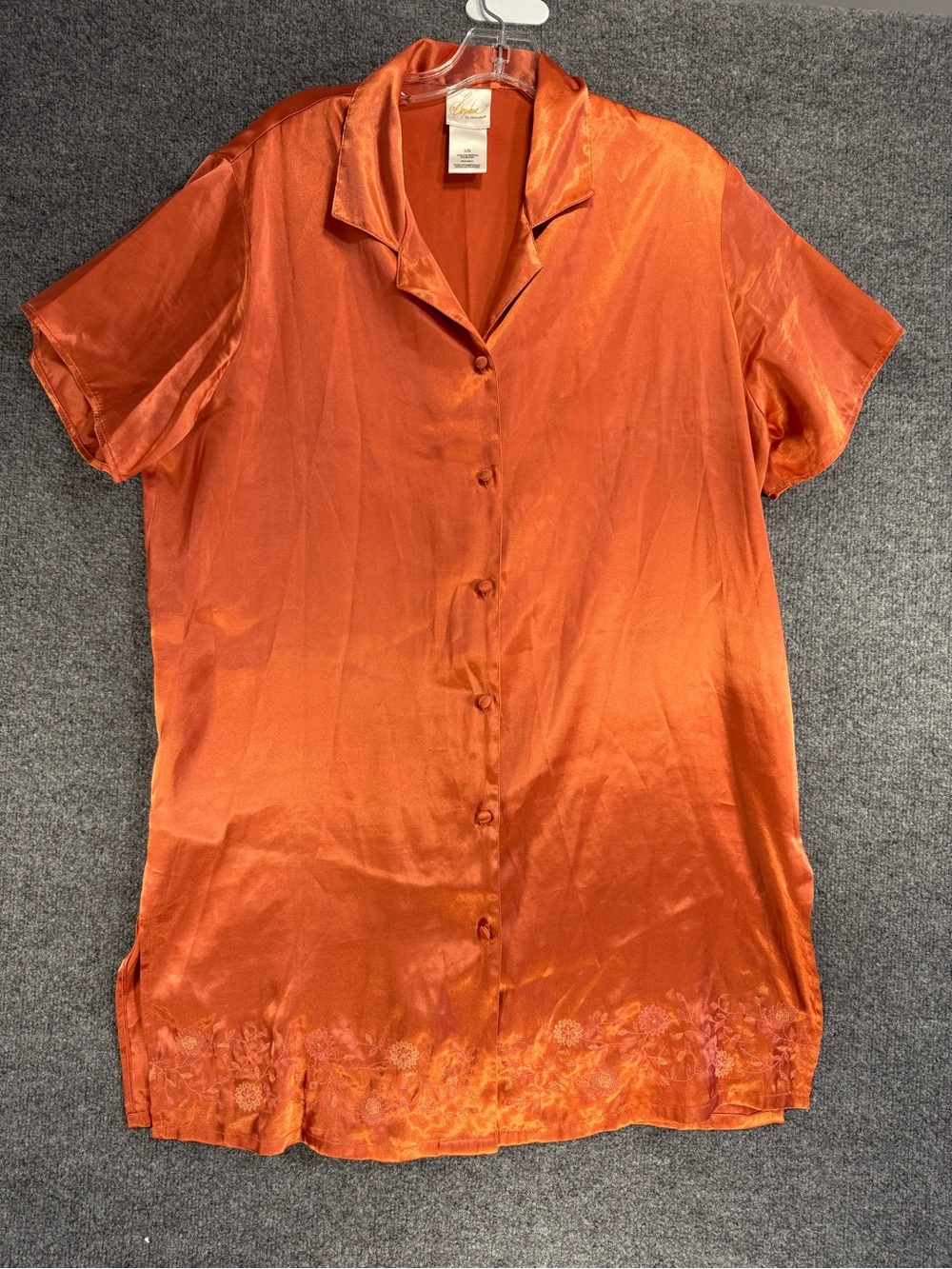 Vintage Satin Traditional Nightgown Button-Front floral embroidered Orange